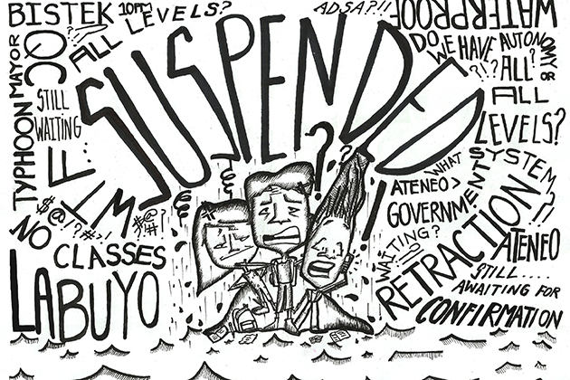 INFORMATION INUNDATION. When it comes to suspending classes, a question often asked is who calls the shots? Illustration by Denise D. Tan